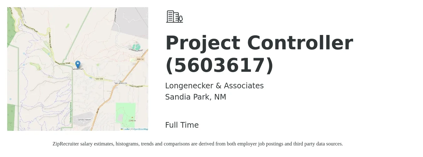 Longenecker & Associates job posting for a Project Controller (5603617) in Sandia Park, NM with a salary of $88,500 to $123,200 Yearly with a map of Sandia Park location.