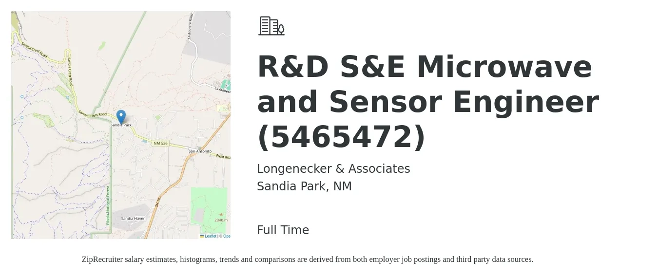 Longenecker & Associates job posting for a R&D S&E Microwave and Sensor Engineer (5465472) in Sandia Park, NM with a salary of $87,000 to $120,800 Yearly with a map of Sandia Park location.