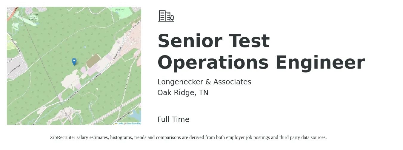 Longenecker & Associates job posting for a Senior Test Operations Engineer in Oak Ridge, TN with a salary of $93,200 to $130,500 Yearly with a map of Oak Ridge location.