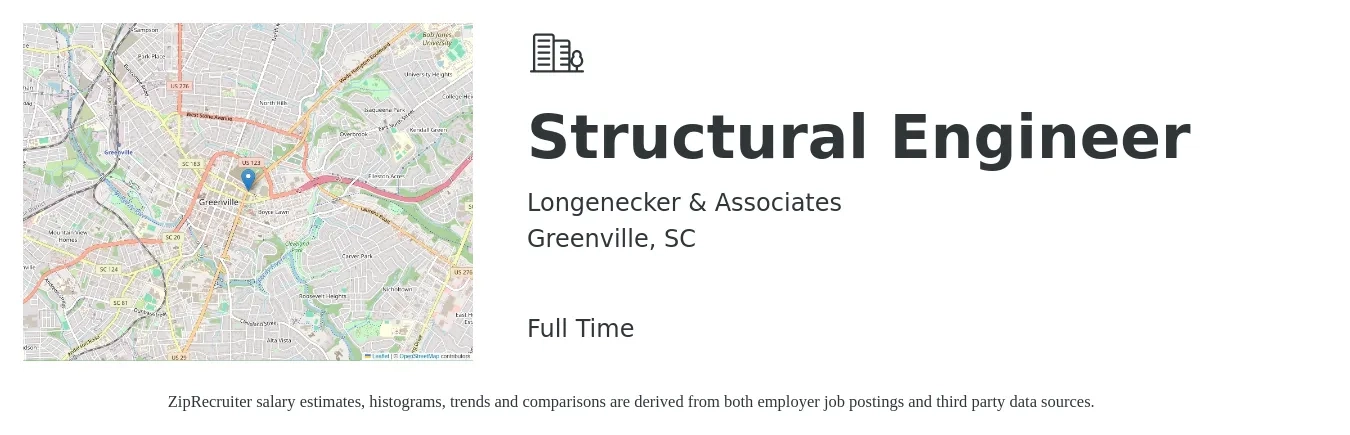Longenecker & Associates job posting for a Structural Engineer in Greenville, SC with a salary of $75,200 to $106,300 Yearly with a map of Greenville location.