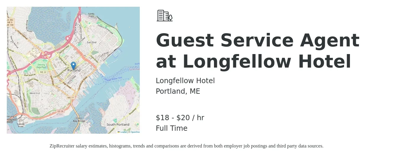 Longfellow Hotel job posting for a Guest Service Agent at Longfellow Hotel in Portland, ME with a salary of $19 to $21 Hourly with a map of Portland location.