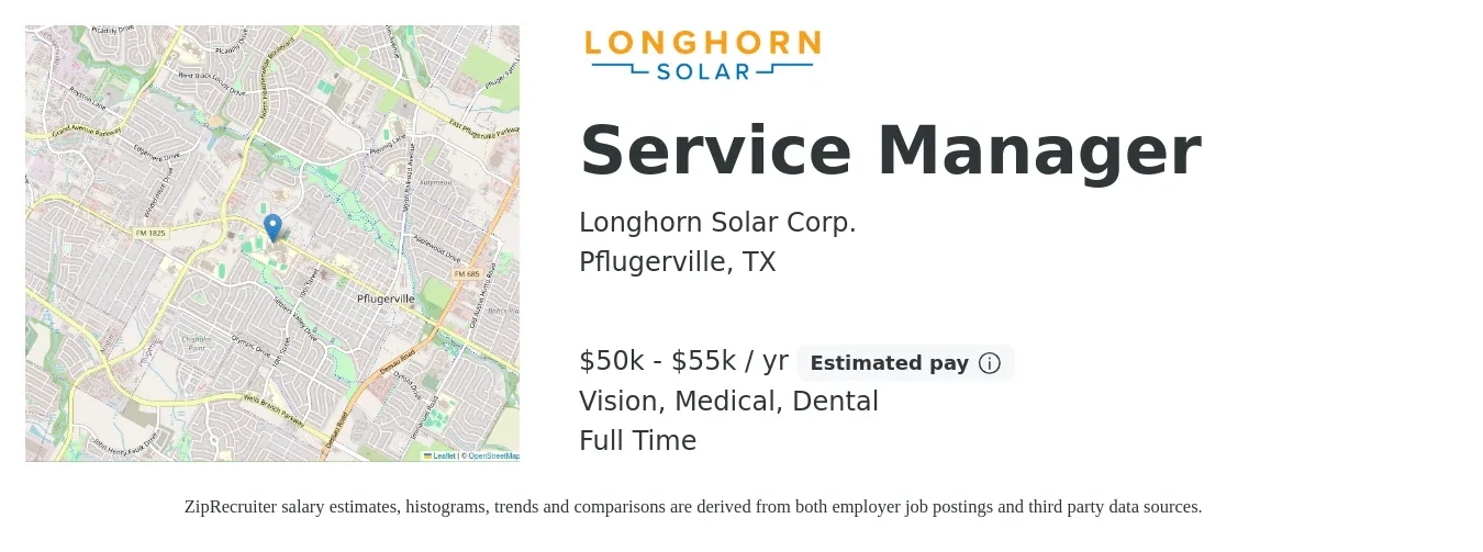 Longhorn Solar Corp. job posting for a Service Manager in Pflugerville, TX with a salary of $50,000 to $55,000 Yearly and benefits including dental, life_insurance, medical, pto, retirement, and vision with a map of Pflugerville location.