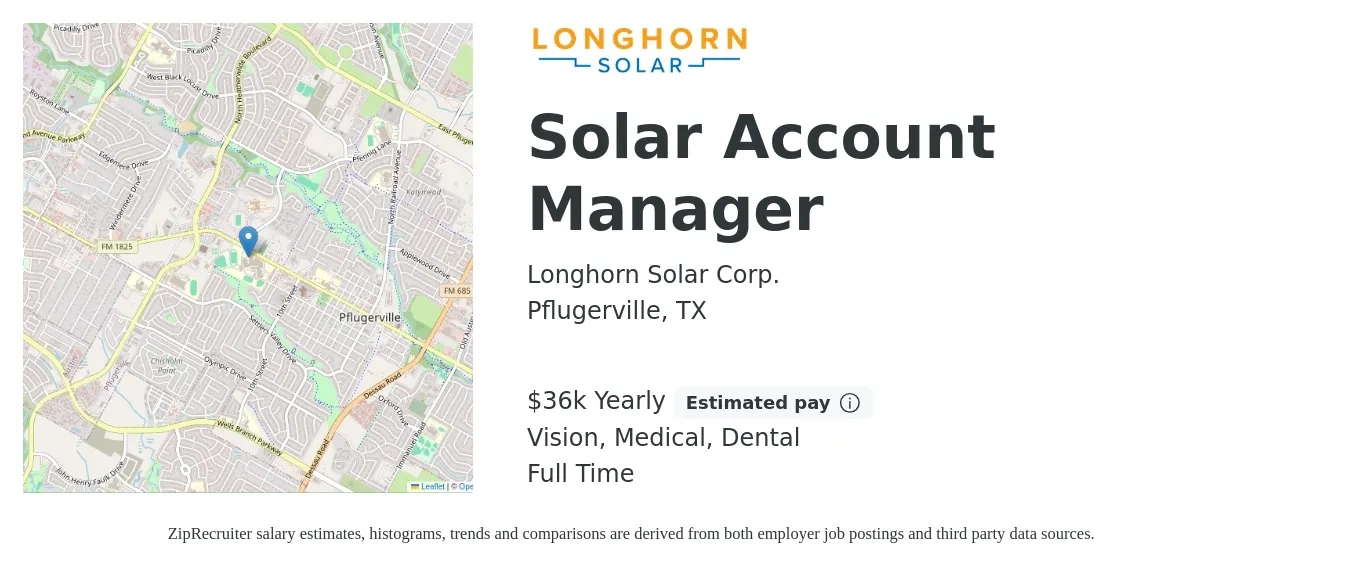 Longhorn Solar Corp. job posting for a Solar Account Manager in Pflugerville, TX with a salary of $36,000 Yearly (plus commission) and benefits including vision, dental, life_insurance, medical, pto, and retirement with a map of Pflugerville location.