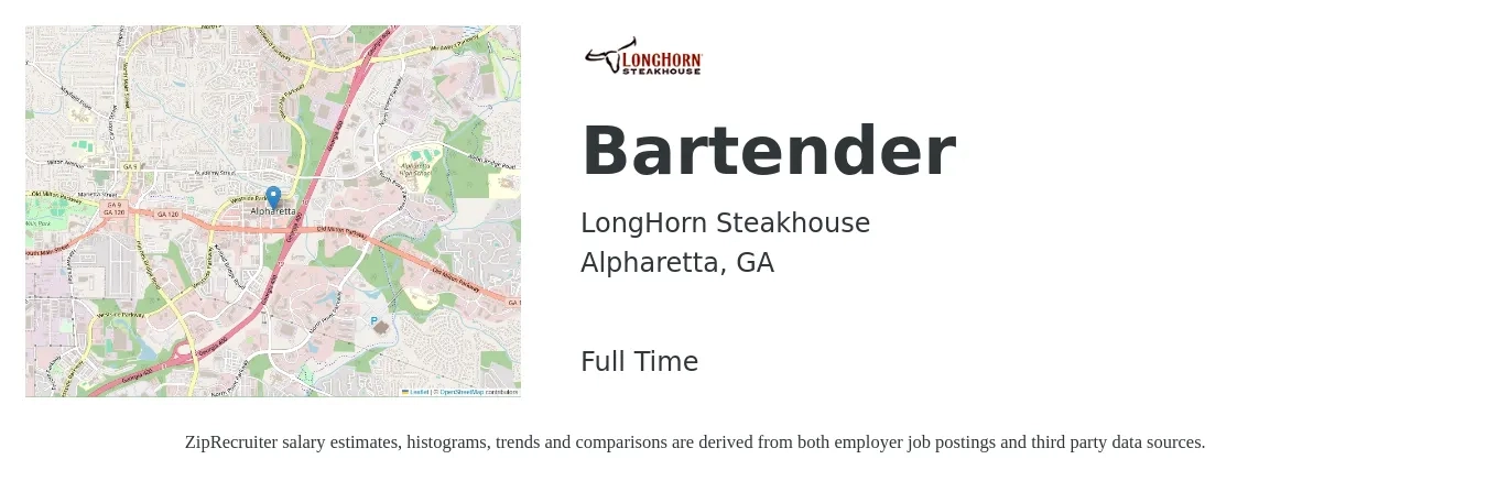 LongHorn Steakhouse job posting for a Bartender in Alpharetta, GA with a salary of $10 to $18 Hourly with a map of Alpharetta location.