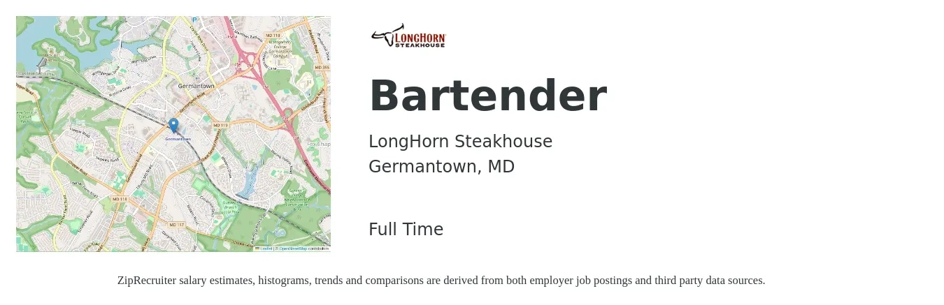 LongHorn Steakhouse job posting for a Bartender in Germantown, MD with a salary of $10 to $19 Hourly with a map of Germantown location.