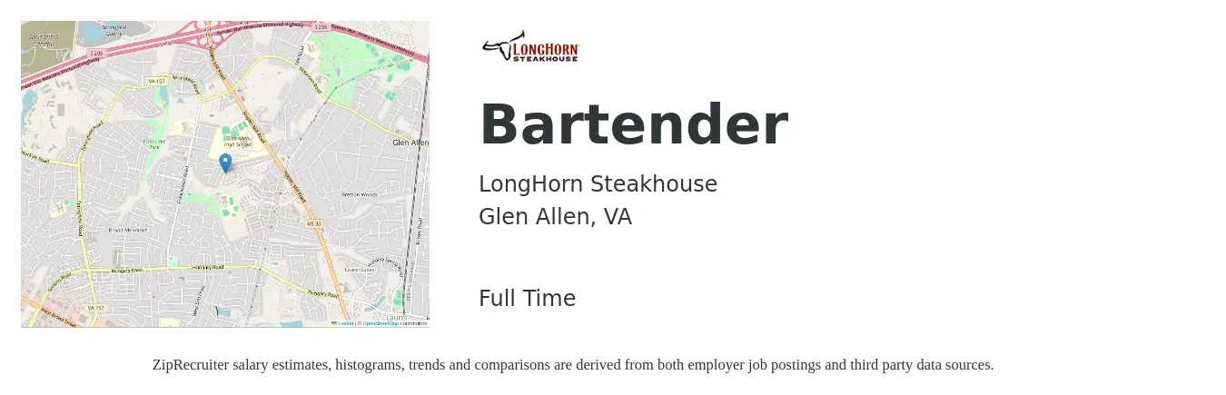 LongHorn Steakhouse job posting for a Bartender in Glen Allen, VA with a salary of $10 to $18 Hourly with a map of Glen Allen location.