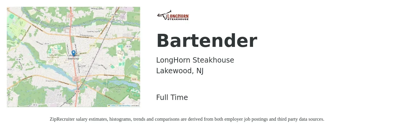 LongHorn Steakhouse job posting for a Bartender in Lakewood, NJ with a salary of $10 to $18 Hourly with a map of Lakewood location.