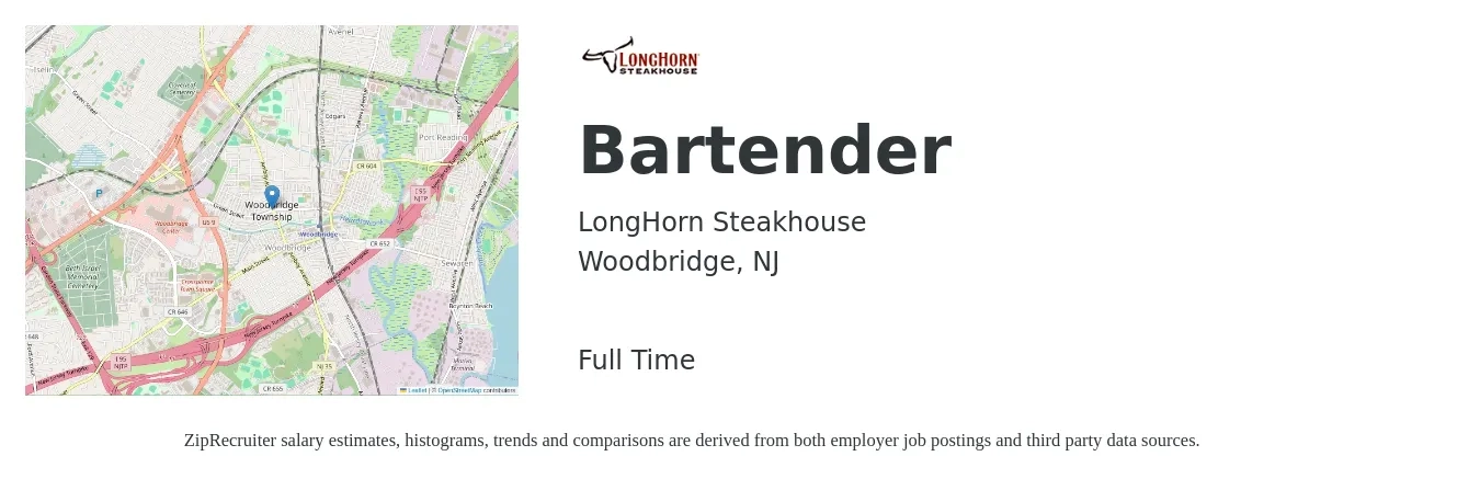 LongHorn Steakhouse job posting for a Bartender in Woodbridge, NJ with a salary of $10 to $19 Hourly with a map of Woodbridge location.