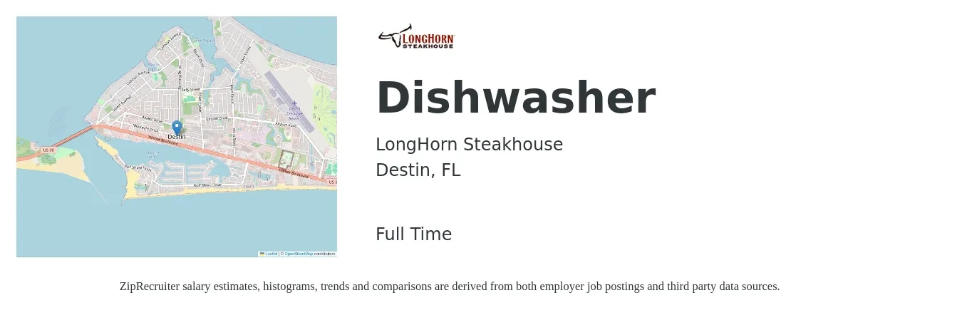 LongHorn Steakhouse job posting for a Dishwasher in Destin, FL with a salary of $12 to $15 Hourly with a map of Destin location.