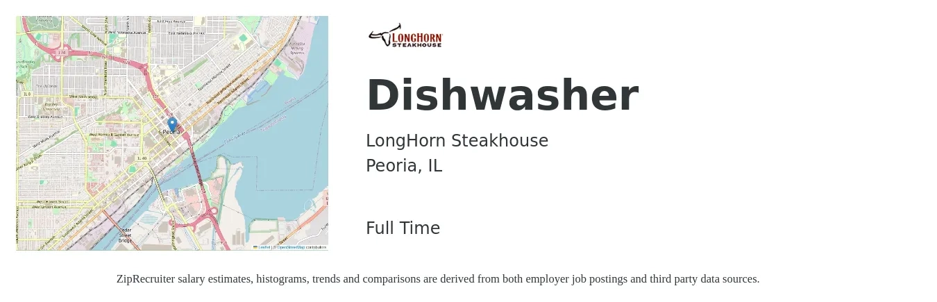 LongHorn Steakhouse job posting for a Dishwasher in Peoria, IL with a salary of $13 to $16 Hourly with a map of Peoria location.