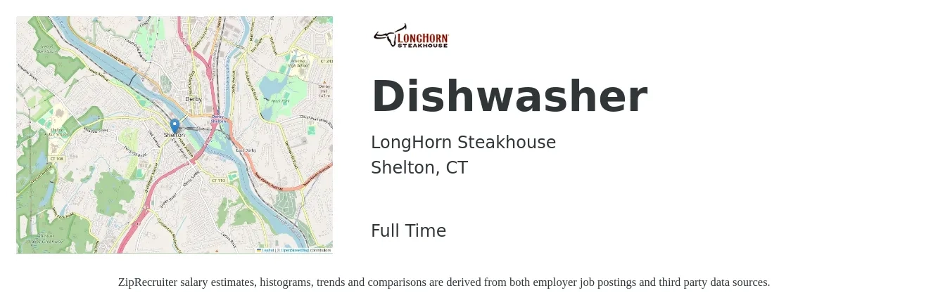 LongHorn Steakhouse job posting for a Dishwasher in Shelton, CT with a salary of $13 to $17 Hourly with a map of Shelton location.