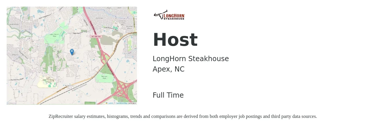 LongHorn Steakhouse job posting for a Host in Apex, NC with a salary of $9 to $13 Hourly with a map of Apex location.