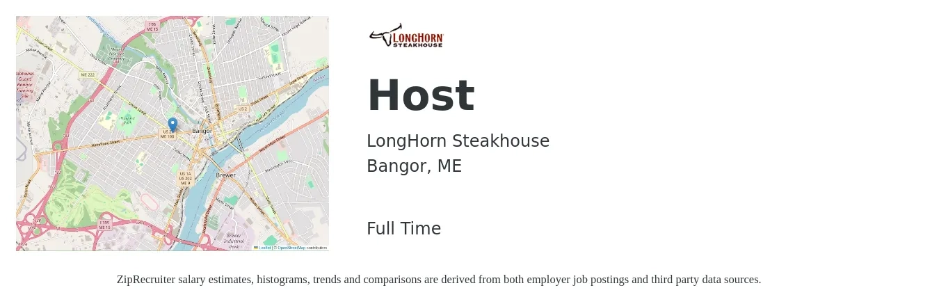LongHorn Steakhouse job posting for a Host in Bangor, ME with a salary of $12 to $17 Hourly with a map of Bangor location.