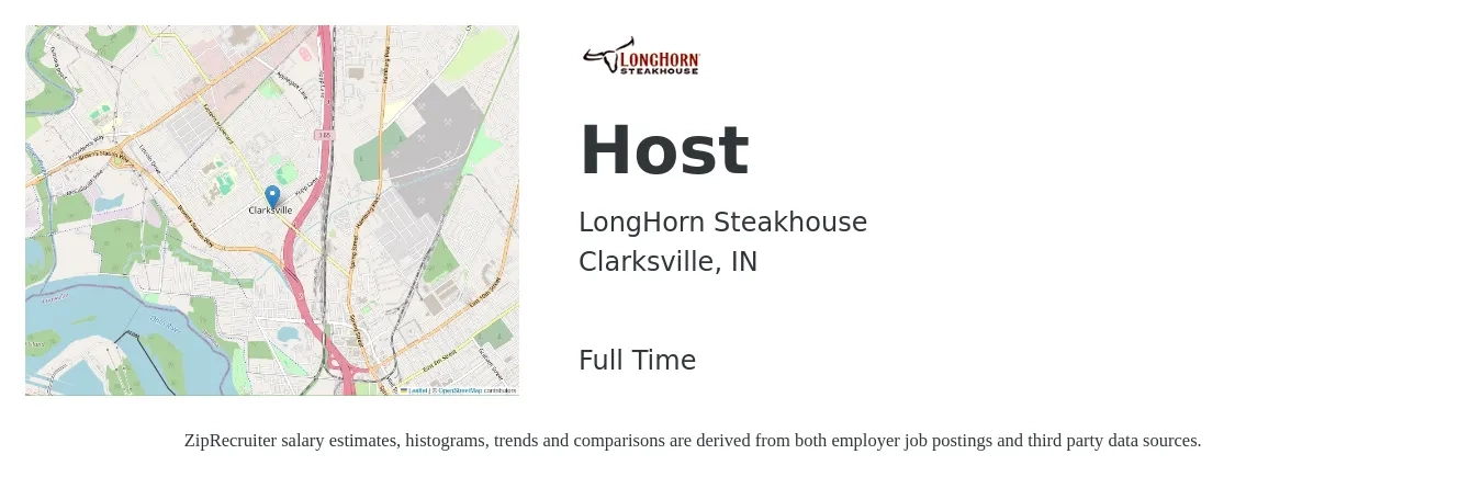 LongHorn Steakhouse job posting for a Host in Clarksville, IN with a salary of $11 to $15 Hourly with a map of Clarksville location.