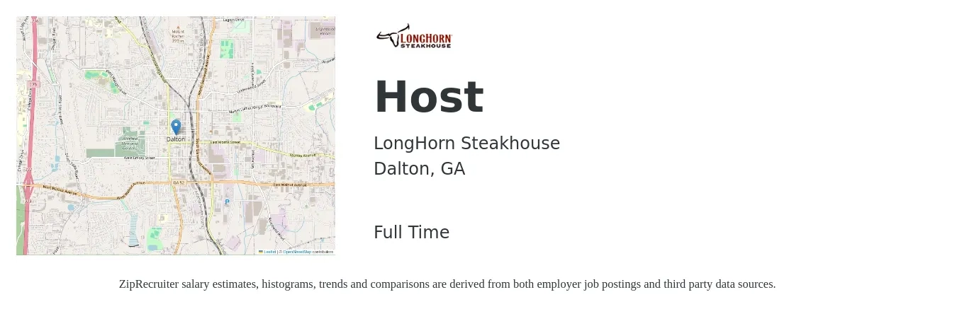 LongHorn Steakhouse job posting for a Host in Dalton, GA with a salary of $11 to $15 Hourly with a map of Dalton location.