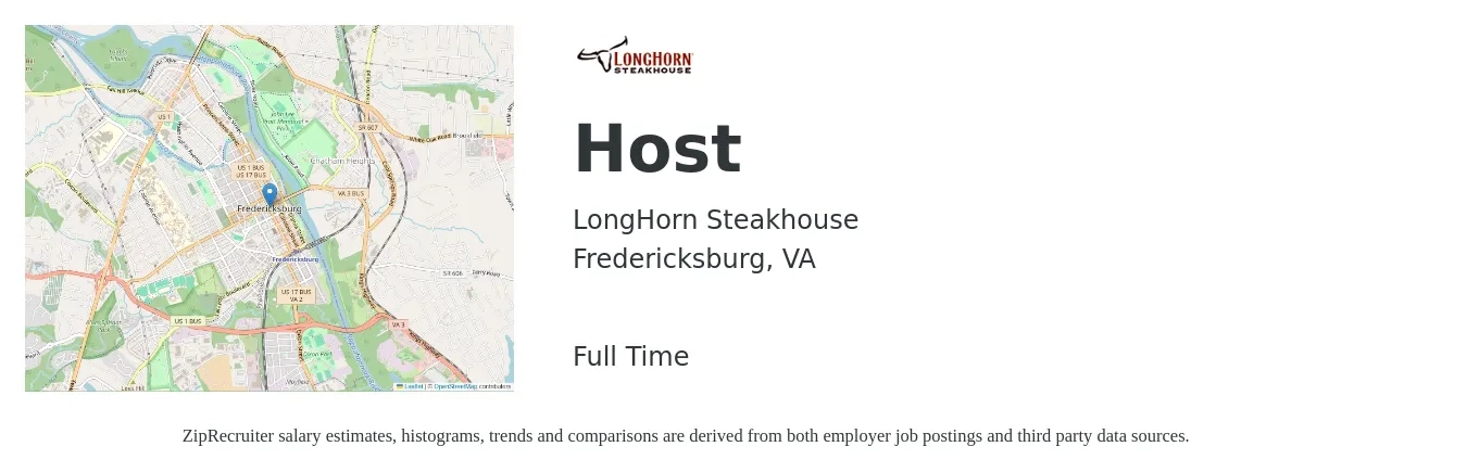 LongHorn Steakhouse job posting for a Host in Fredericksburg, VA with a salary of $12 to $16 Hourly with a map of Fredericksburg location.