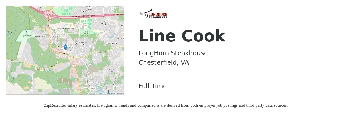 LongHorn Steakhouse job posting for a Line Cook in Chesterfield, VA with a salary of $15 to $19 Hourly with a map of Chesterfield location.