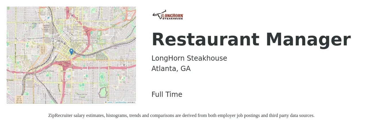 LongHorn Steakhouse job posting for a Restaurant Manager in Atlanta, GA with a salary of $43,300 to $61,100 Yearly with a map of Atlanta location.