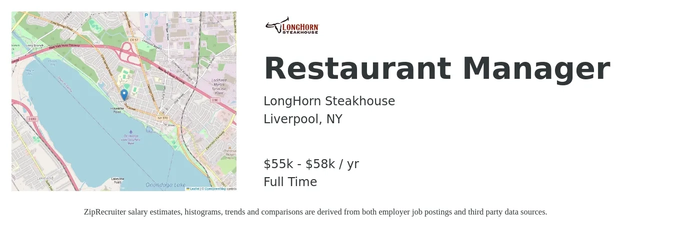 LongHorn Steakhouse job posting for a Restaurant Manager in Liverpool, NY with a salary of $55,000 to $58,000 Yearly with a map of Liverpool location.