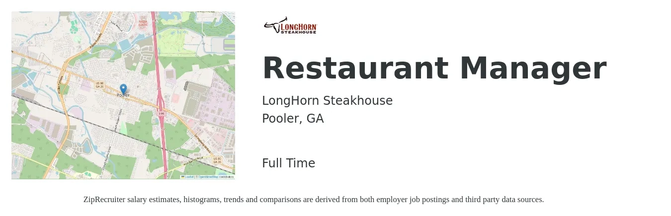 LongHorn Steakhouse job posting for a Restaurant Manager in Pooler, GA with a salary of $40,900 to $57,700 Yearly with a map of Pooler location.