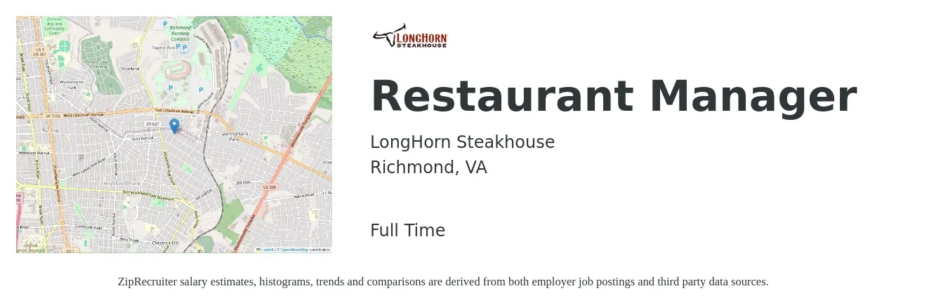 LongHorn Steakhouse job posting for a Restaurant Manager in Richmond, VA with a salary of $44,500 to $62,800 Yearly with a map of Richmond location.