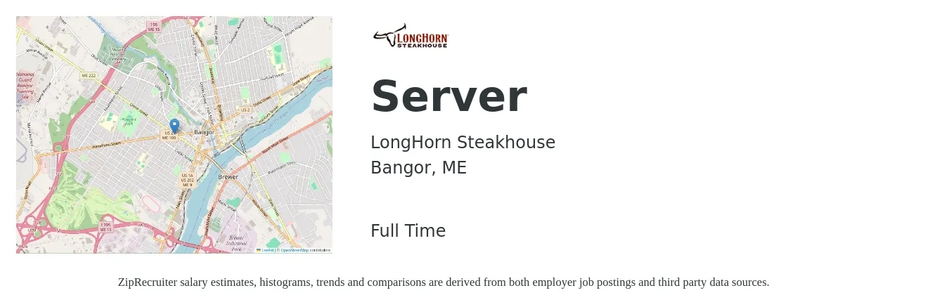LongHorn Steakhouse job posting for a Server in Bangor, ME with a salary of $11 to $18 Hourly with a map of Bangor location.