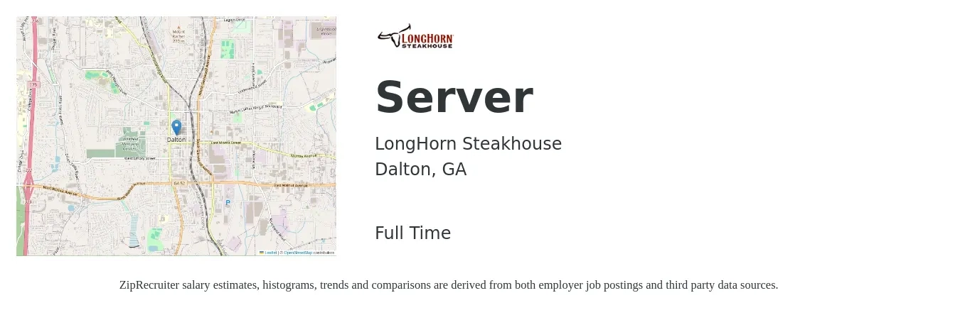 LongHorn Steakhouse job posting for a Server in Dalton, GA with a salary of $10 to $16 Hourly with a map of Dalton location.