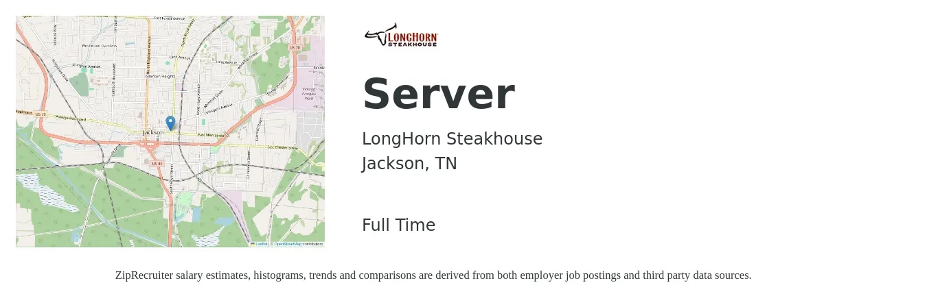 LongHorn Steakhouse job posting for a Server in Jackson, TN with a salary of $10 to $17 Hourly with a map of Jackson location.