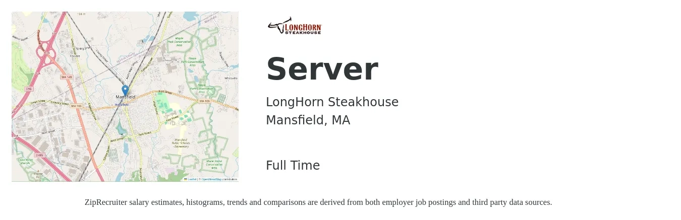 LongHorn Steakhouse job posting for a Server in Mansfield, MA with a salary of $12 to $19 Hourly with a map of Mansfield location.
