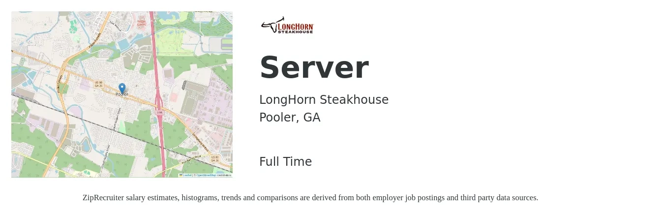 LongHorn Steakhouse job posting for a Server in Pooler, GA with a salary of $10 to $16 Hourly with a map of Pooler location.