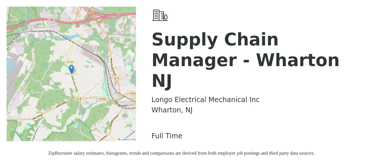Longo Electrical Mechanical Inc job posting for a Supply Chain Manager - Wharton NJ in Wharton, NJ with a salary of $83,300 to $125,000 Yearly with a map of Wharton location.