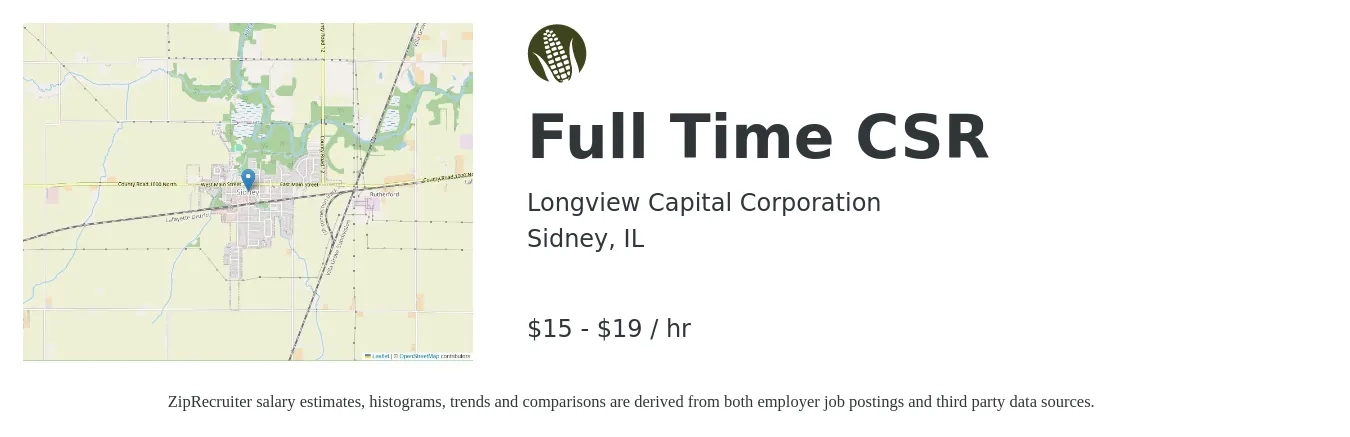 Longview Capital job posting for a Full Time CSR in Sidney, IL with a salary of $16 to $20 Hourly with a map of Sidney location.
