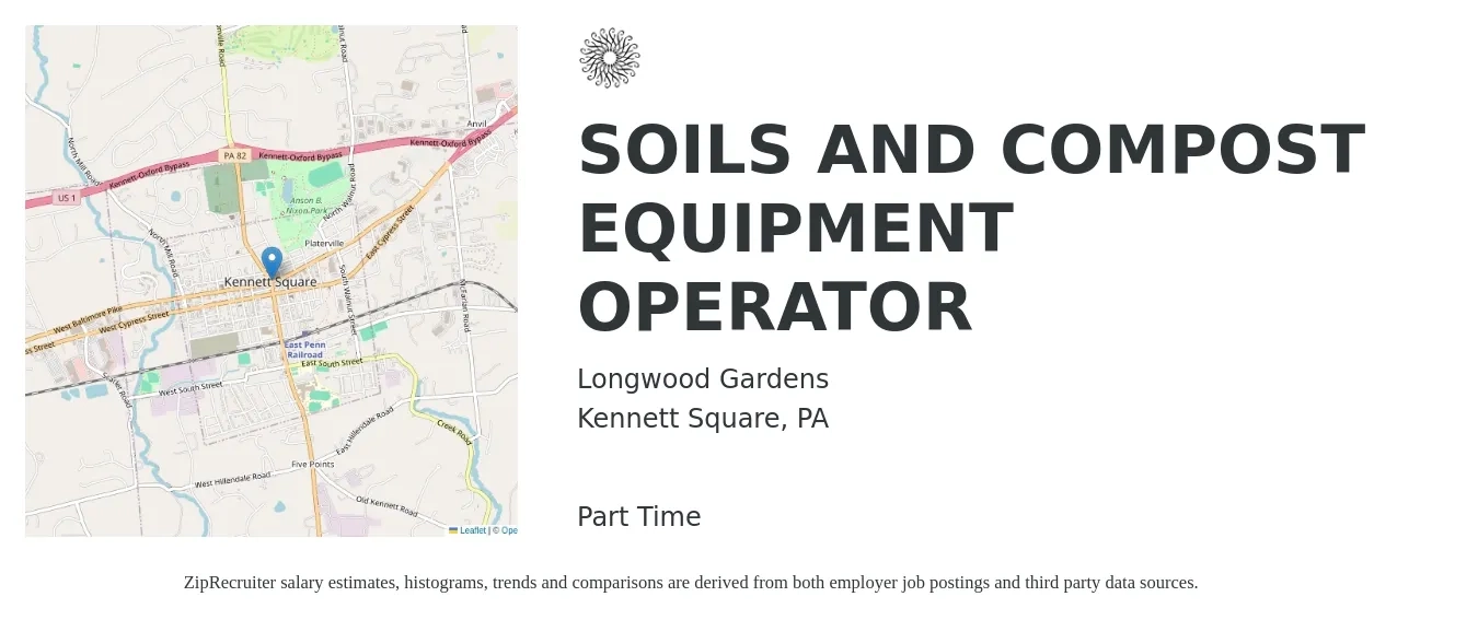 Longwood Gardens job posting for a SOILS AND COMPOST EQUIPMENT OPERATOR in Kennett Square, PA with a salary of $20 to $27 Hourly with a map of Kennett Square location.