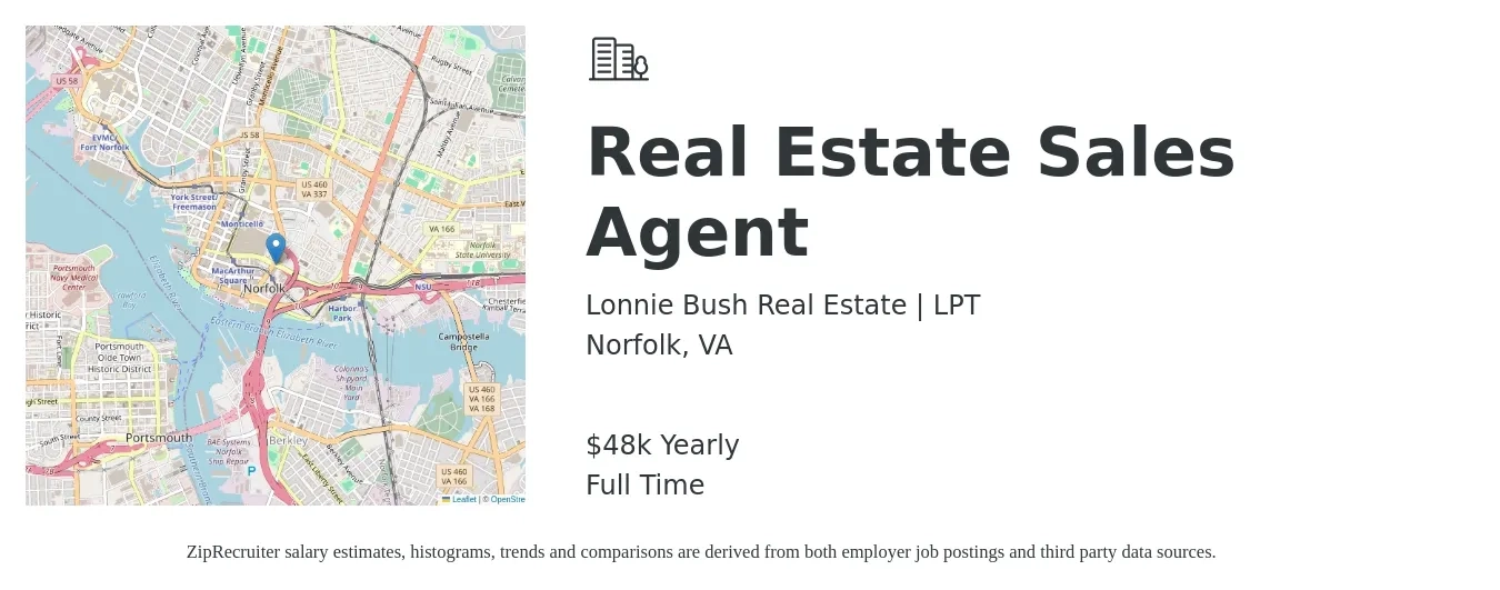 Lonnie Bush Real Estate | LPT job posting for a Real Estate Sales Agent in Norfolk, VA with a salary of $48,227 Yearly with a map of Norfolk location.
