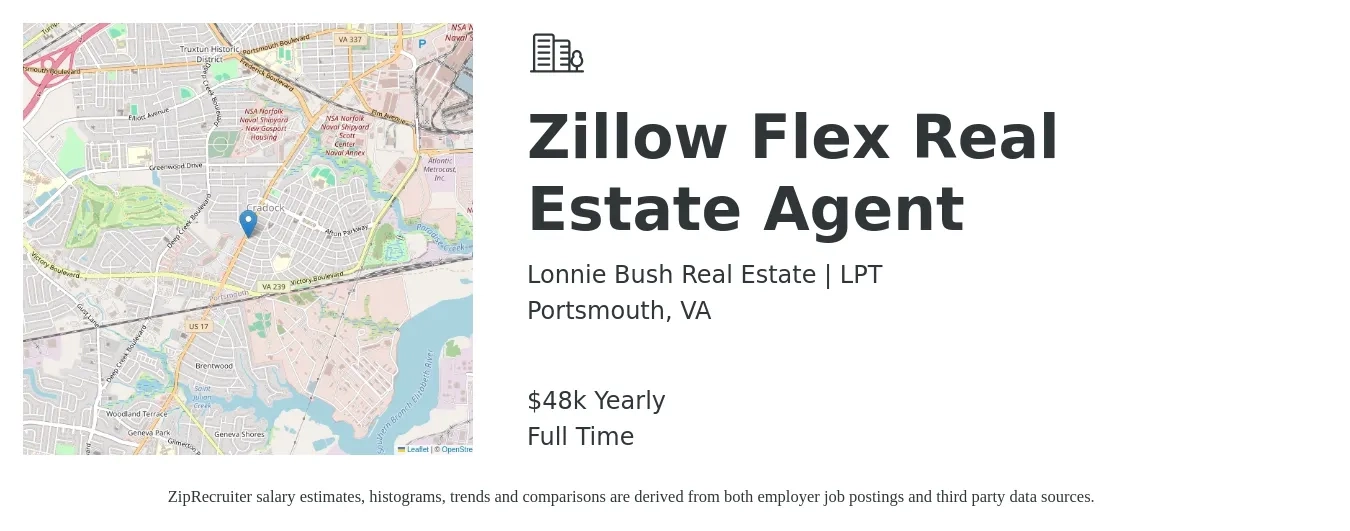 Lonnie Bush Real Estate | LPT job posting for a Zillow Flex Real Estate Agent in Portsmouth, VA with a salary of $48,227 Yearly with a map of Portsmouth location.