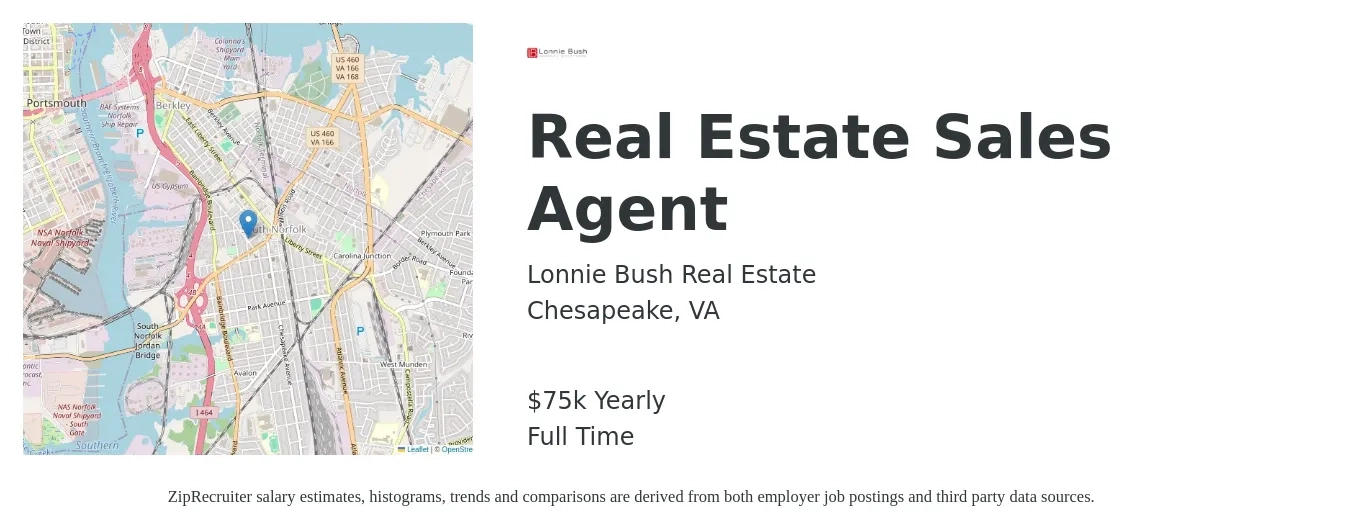 Lonnie Bush Real Estate job posting for a Real Estate Sales Agent in Chesapeake, VA with a salary of $75,000 Yearly with a map of Chesapeake location.