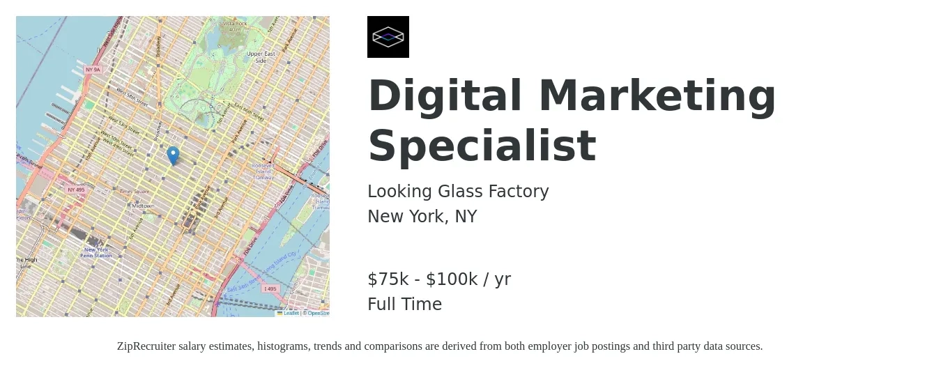 Looking Glass Factory job posting for a Digital Marketing Specialist in New York, NY with a salary of $53,900 to $80,400 Yearly with a map of New York location.