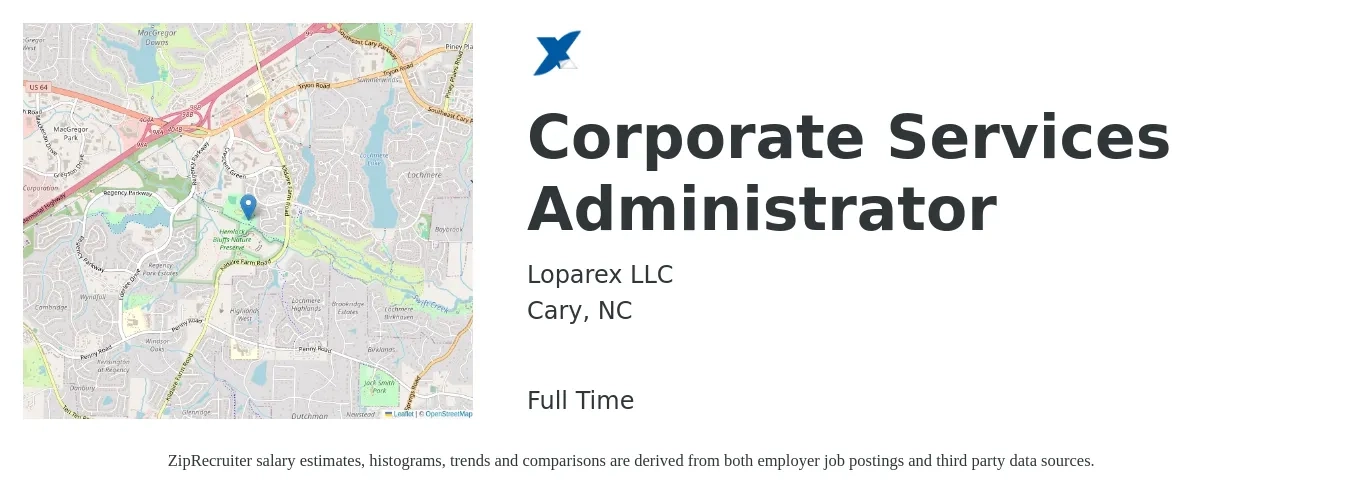Loparex LLC job posting for a Corporate Services Administrator in Cary, NC with a salary of $20 to $32 Hourly with a map of Cary location.
