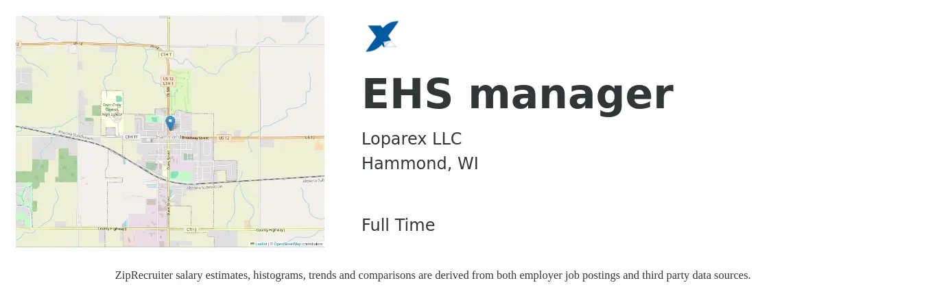 Loparex LLC job posting for a EHS manager in Hammond, WI with a salary of $88,000 to $119,300 Yearly with a map of Hammond location.
