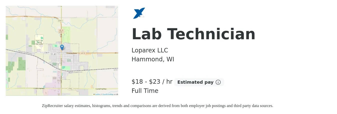 Loparex LLC job posting for a Lab Technician in Hammond, WI with a salary of $20 to $24 Hourly with a map of Hammond location.