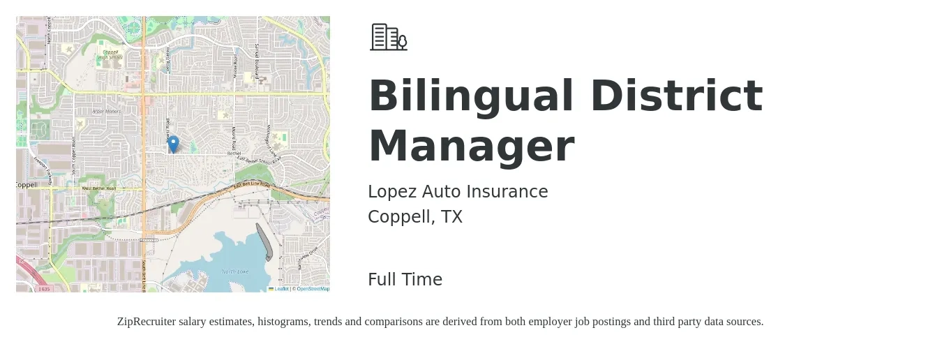 Lopez Auto Insurance job posting for a Bilingual District Manager in Coppell, TX with a salary of $40,000 Yearly with a map of Coppell location.