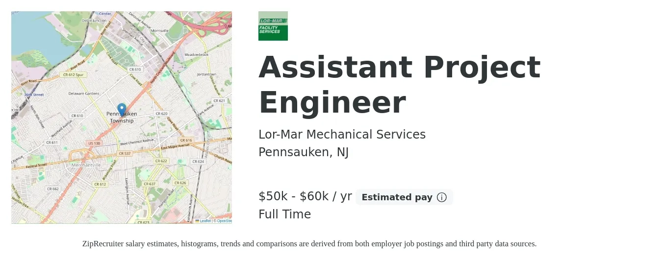 Lor-Mar Mechanical Services job posting for a Assistant Project Engineer in Pennsauken, NJ with a salary of $50,000 to $60,000 Yearly with a map of Pennsauken location.