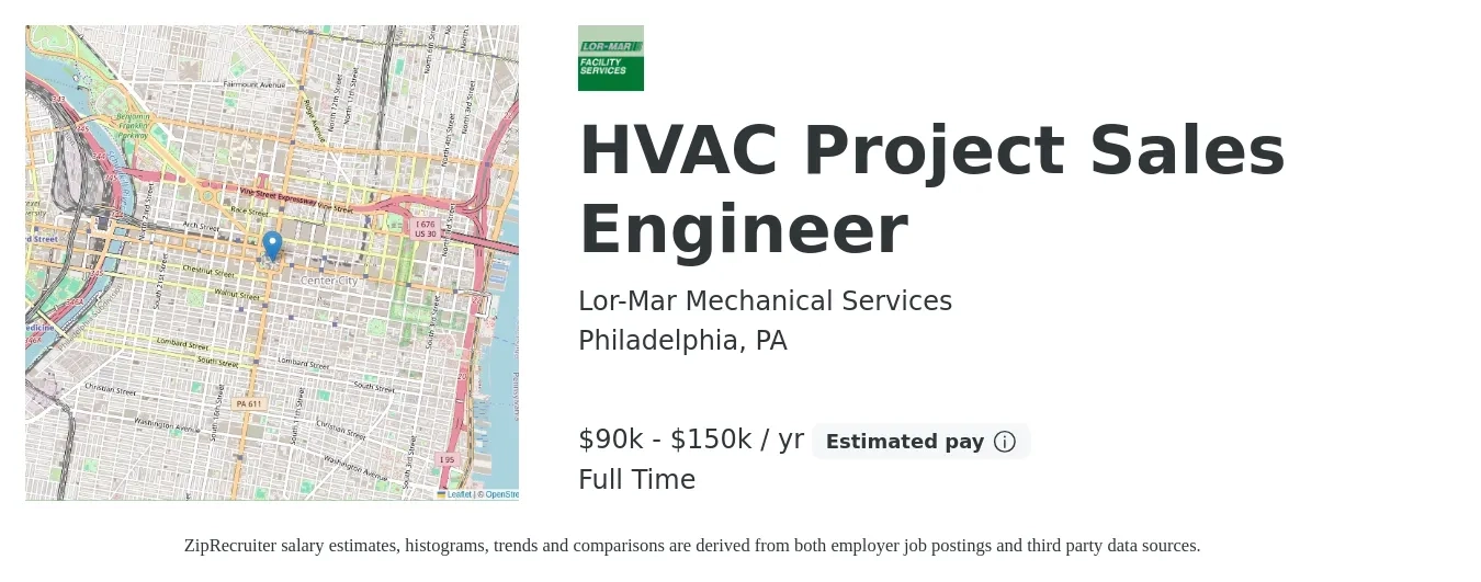 Lor-Mar Mechanical Services job posting for a HVAC Project Sales Engineer in Philadelphia, PA with a salary of $90,000 to $150,000 Yearly with a map of Philadelphia location.
