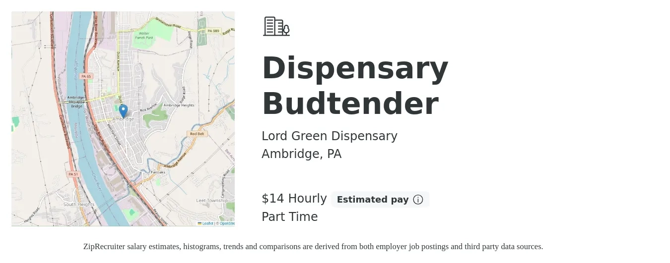 Lord Green Dispensary job posting for a Dispensary Budtender in Ambridge, PA with a salary of $15 Hourly (plus commission) with a map of Ambridge location.