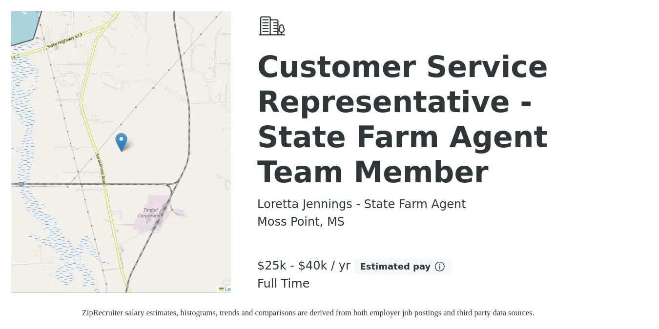Loretta Jennings - State Farm Agent job posting for a Customer Service Representative - State Farm Agent Team Member in Moss Point, MS with a salary of $25,000 to $40,000 Yearly with a map of Moss Point location.
