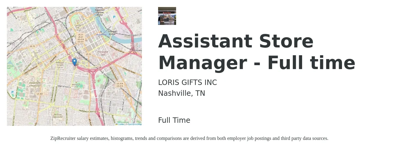 LORIS GIFTS INC job posting for a Assistant Store Manager - Full time in Nashville, TN with a salary of $16 to $22 Hourly with a map of Nashville location.