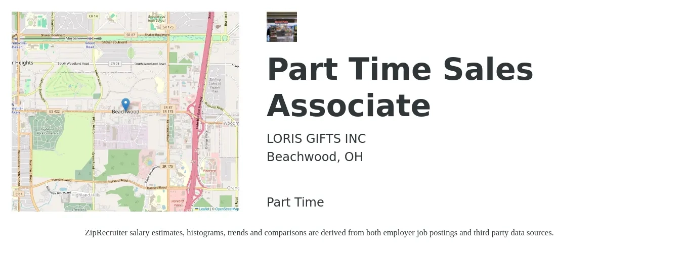 LORIS GIFTS INC job posting for a Part Time Sales Associate in Beachwood, OH with a salary of $14 to $18 Hourly with a map of Beachwood location.