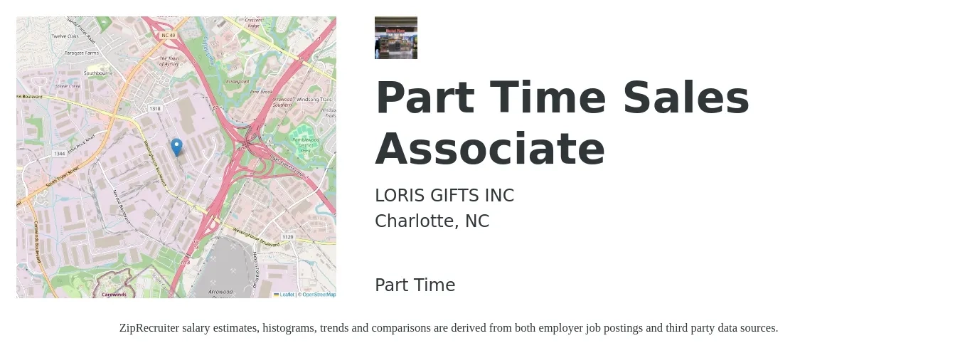 LORIS GIFTS INC job posting for a Part Time Sales Associate in Charlotte, NC with a salary of $14 to $18 Hourly with a map of Charlotte location.