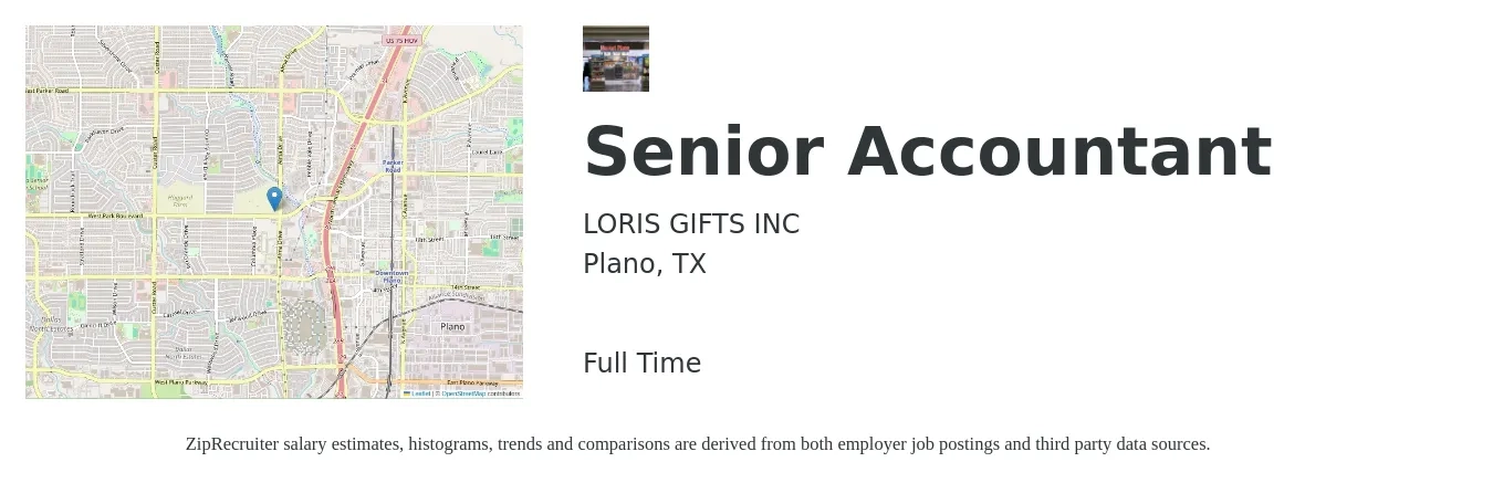 LORIS GIFTS INC job posting for a Senior Accountant in Plano, TX with a salary of $69,200 to $86,900 Yearly with a map of Plano location.