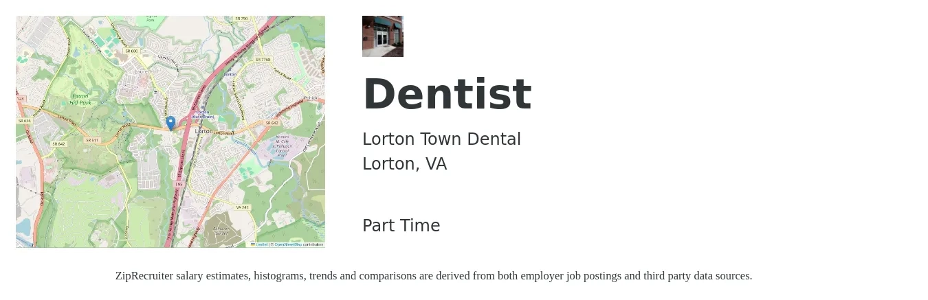 Lorton Town Dental job posting for a Dentist in Lorton, VA with a salary of $132,500 to $238,600 Yearly with a map of Lorton location.
